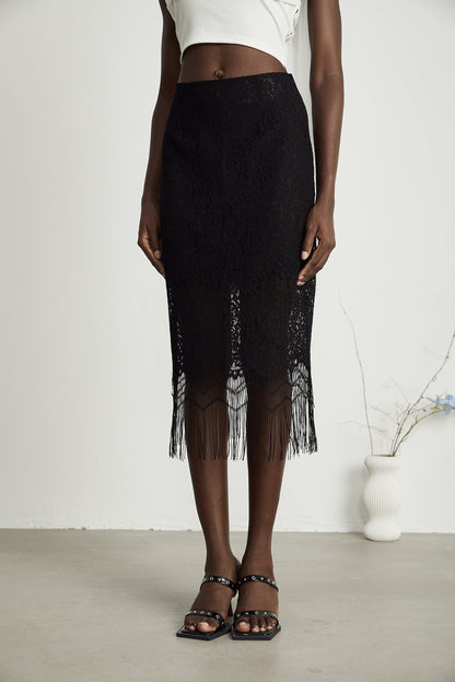 Adèle lace embroidered fringe-hem skirt