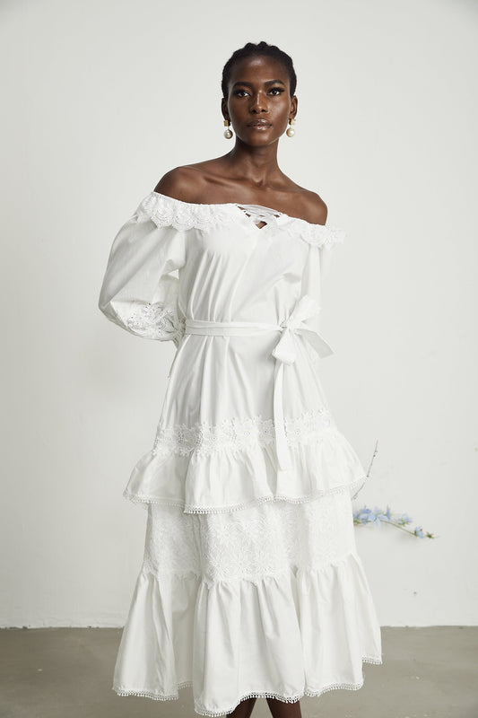 Capucine lace-trim cut-out layered midi dress