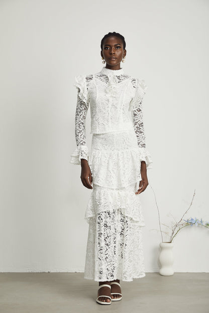 Delphine ruffled cut-out top & skirt matching set