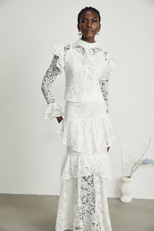 Delphine ruffled cut-out top & skirt matching set