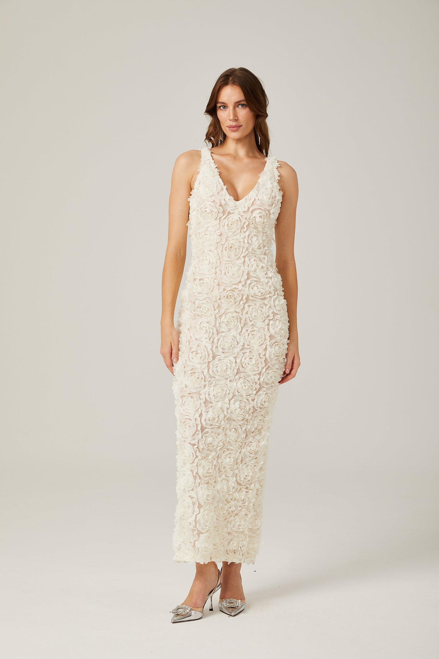 Sylvie faux-flower V-neck maxi dress in Neutrals