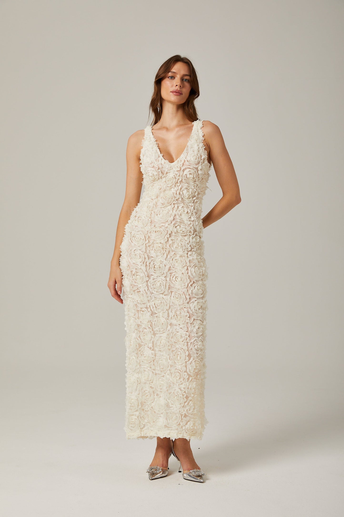 Sylvie faux-flower V-neck maxi dress in Neutrals