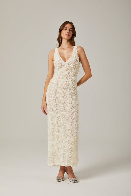 Sylvie faux-flower V-neck maxi dress in Neutrals