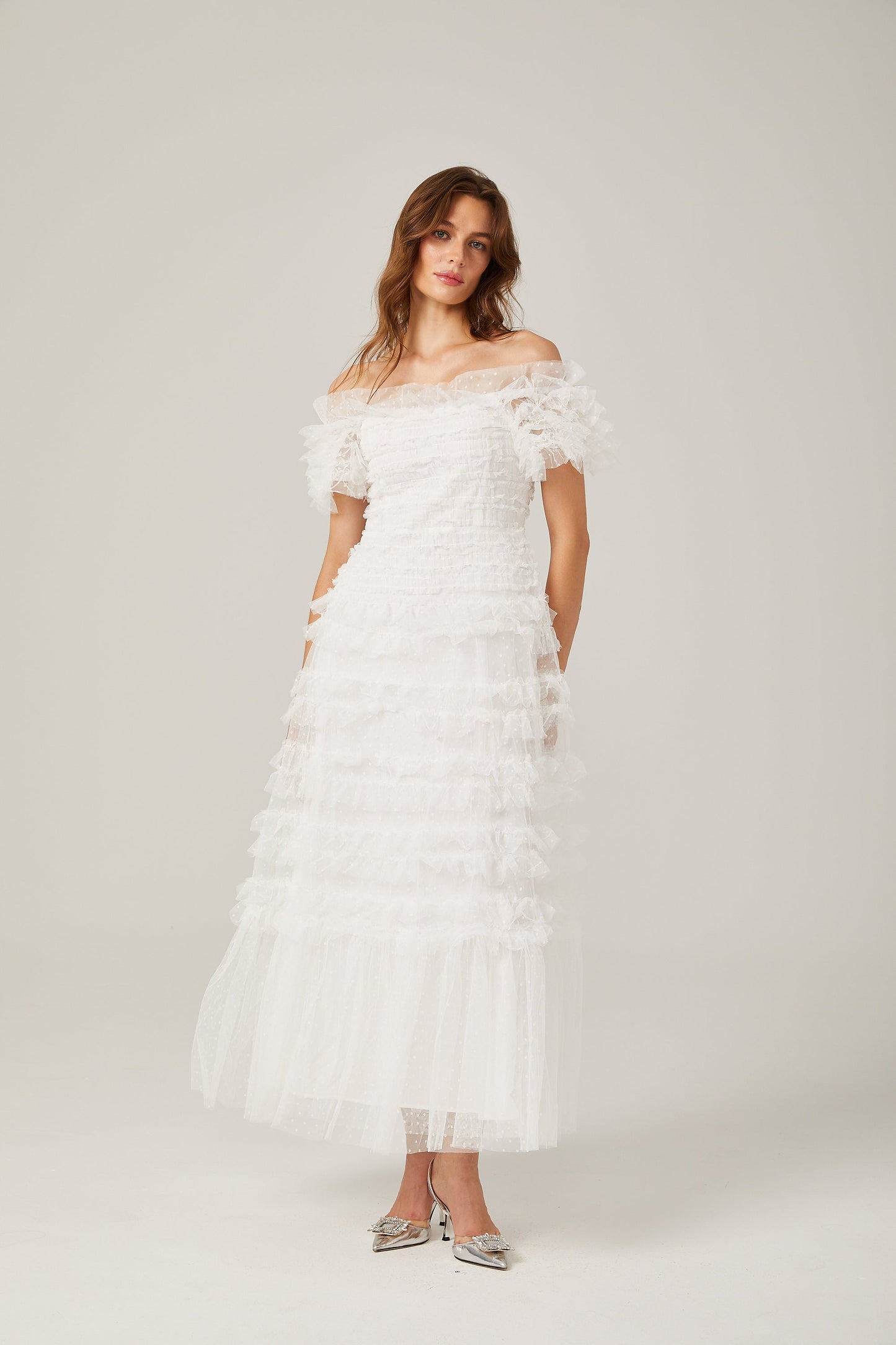 Philippine ruffled tulle tiered maxi dress
