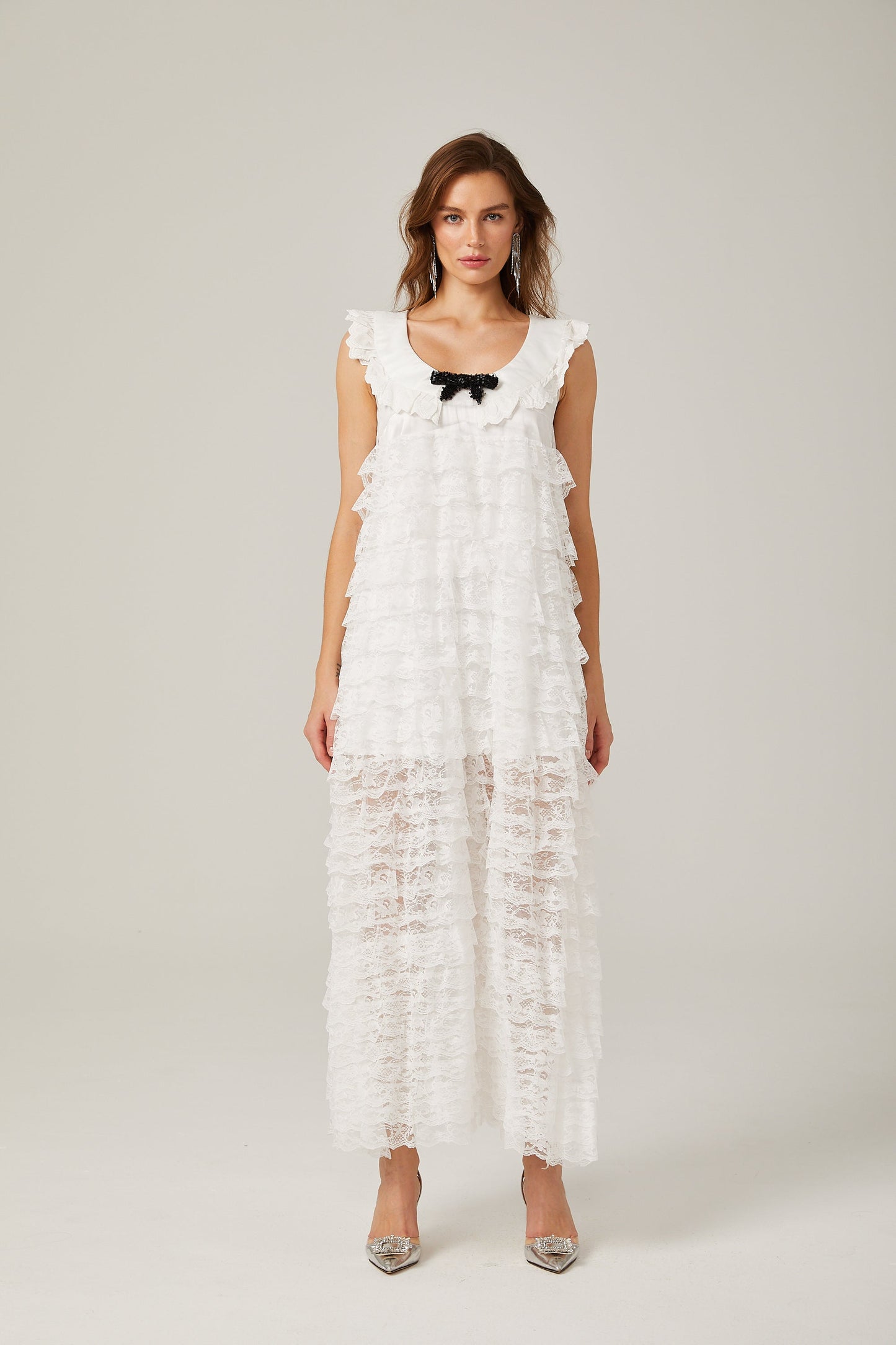 Alora white lace-trim tiered maxi dress
