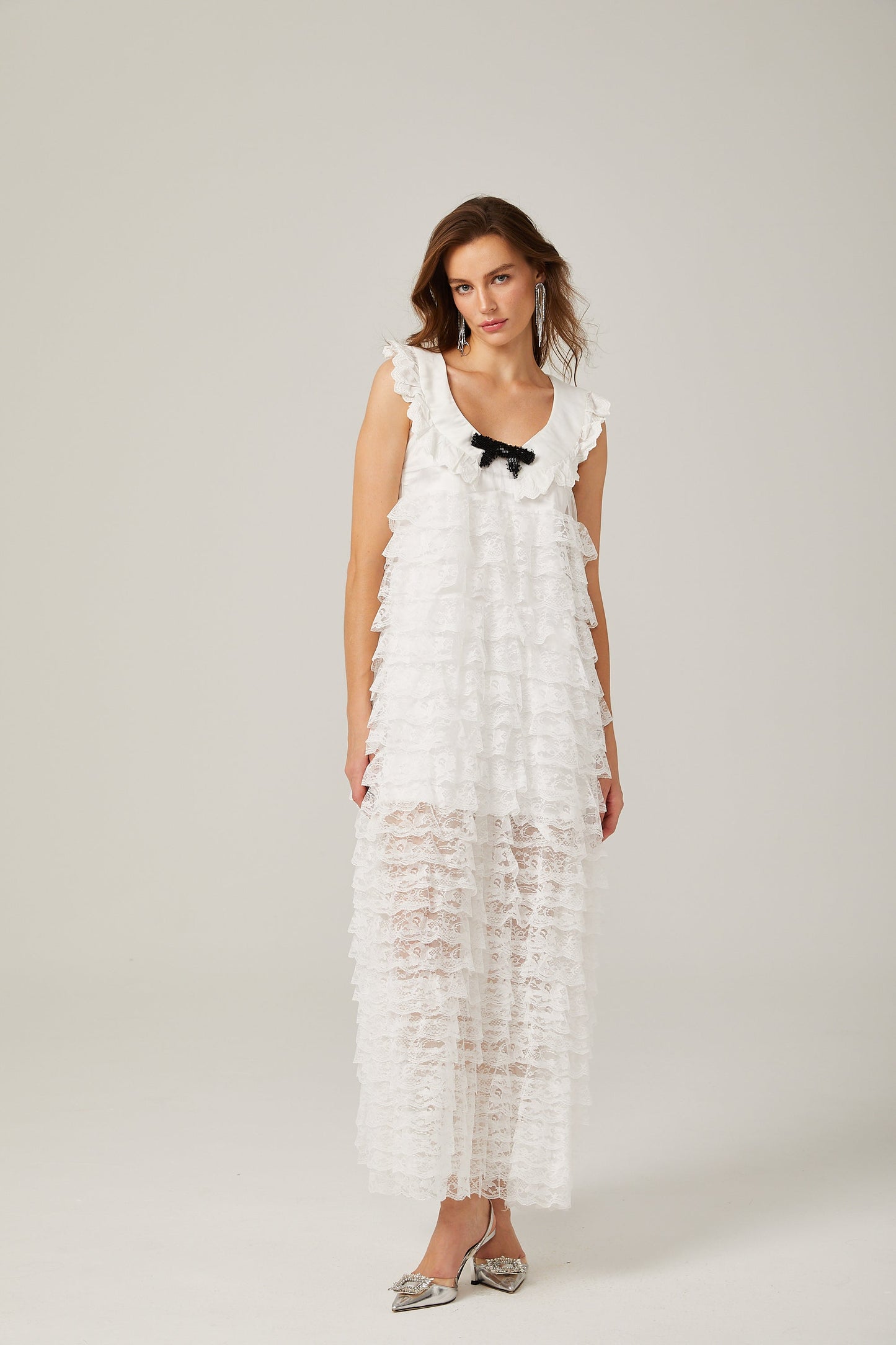 Alora white lace-trim tiered maxi dress