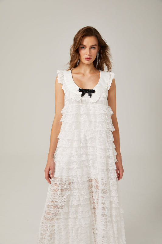 Alora white lace-trim tiered maxi dress