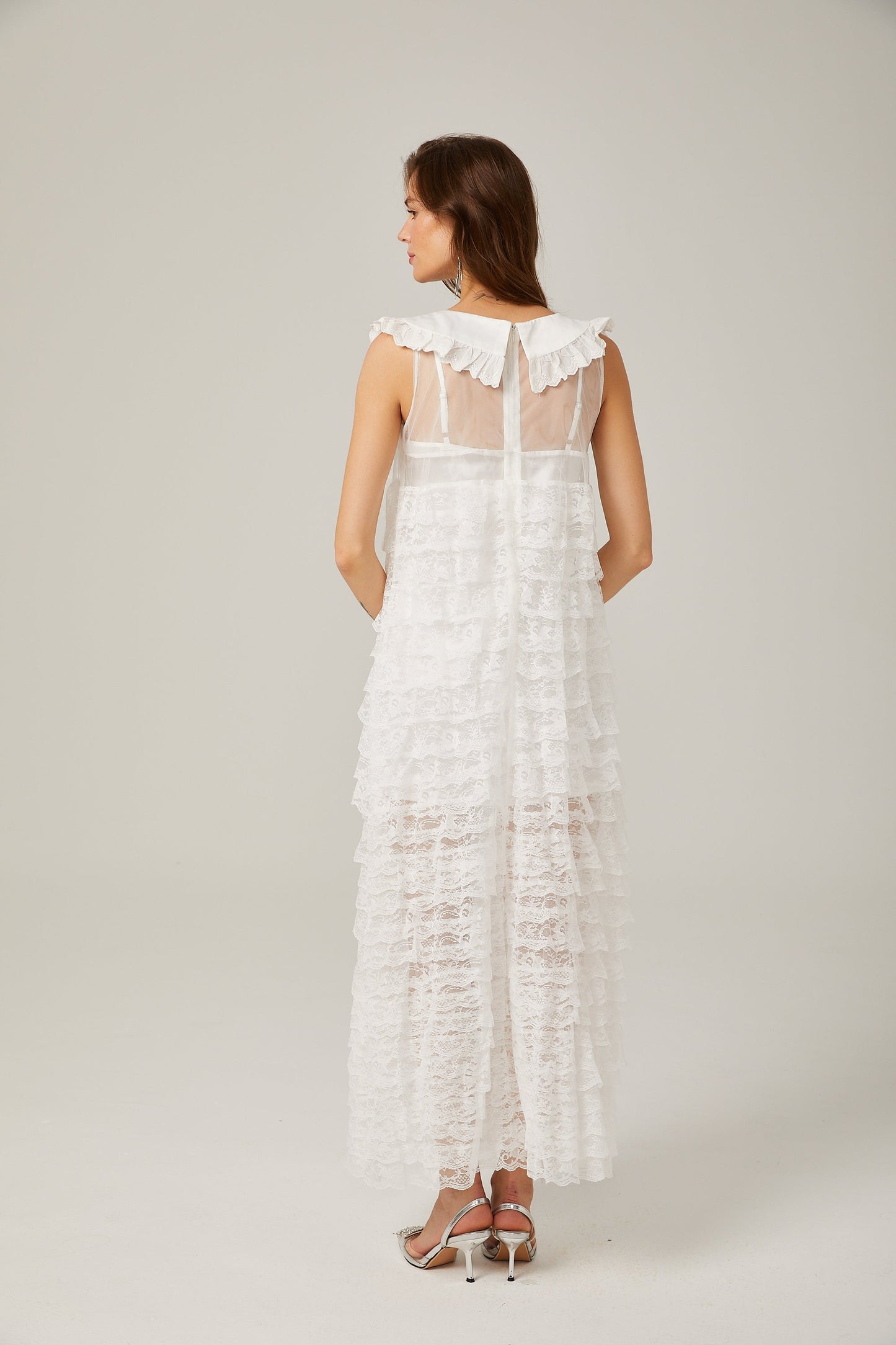 Alora white lace-trim tiered maxi dress