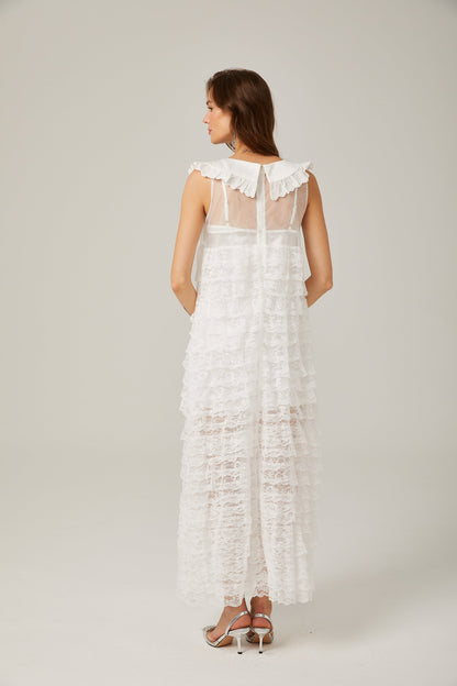 Alora white lace-trim tiered maxi dress