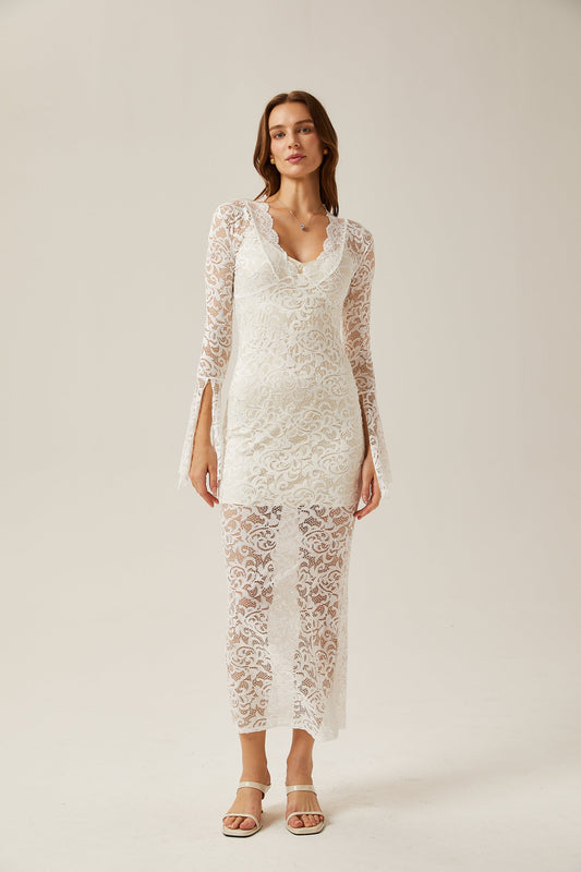 Martine white lace sheer midi dress