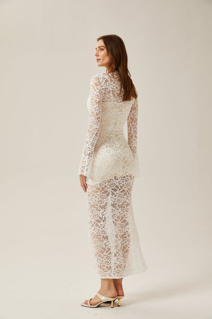 Martine white lace sheer midi dress