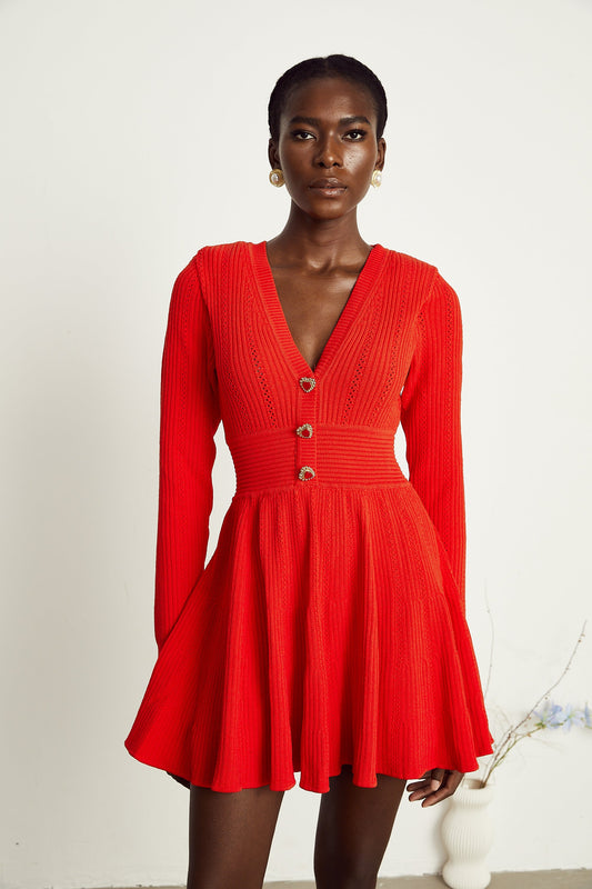 Coralie red V-neck flared mini dress (US Only)