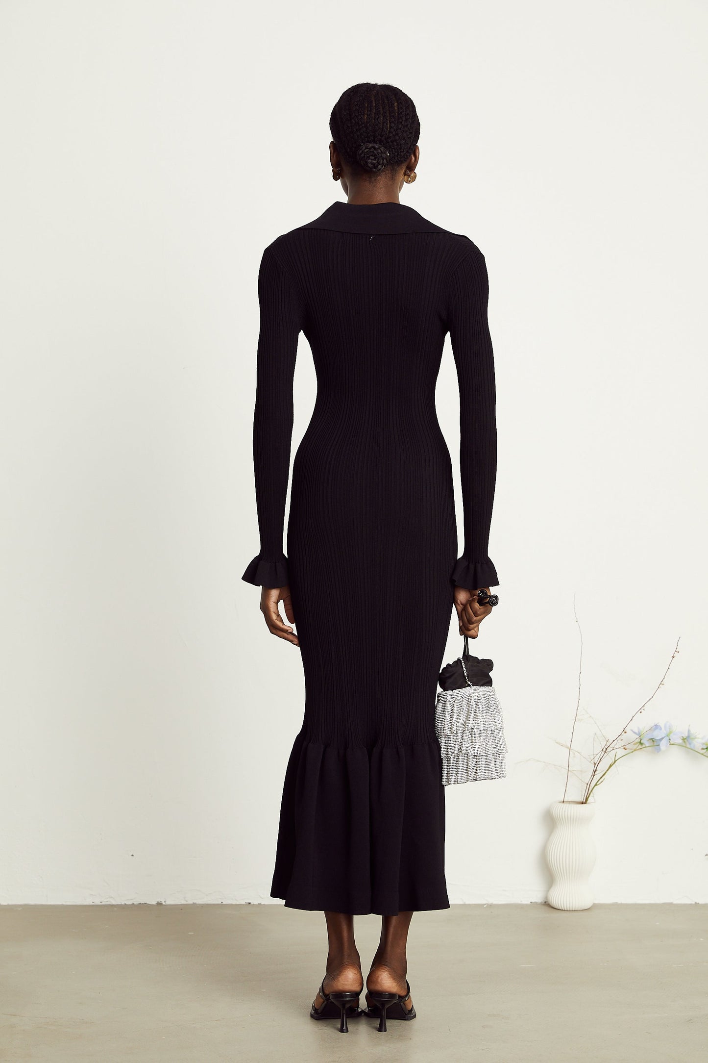 Priscille black ruffled midi dress (US Only)