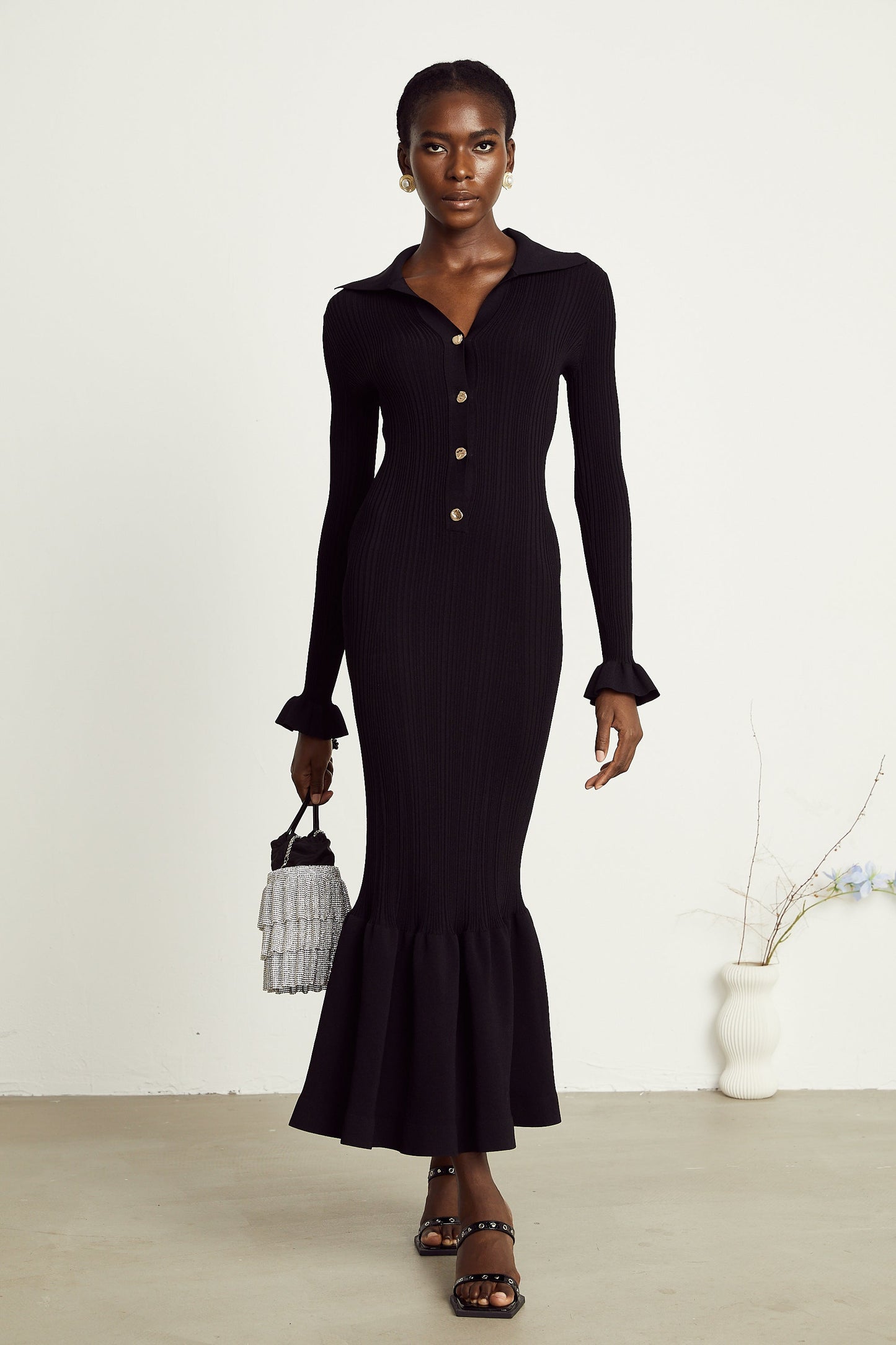 Priscille black ruffled midi dress (US Only)