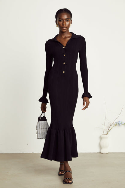 Priscille black ruffled midi dress (US Only)