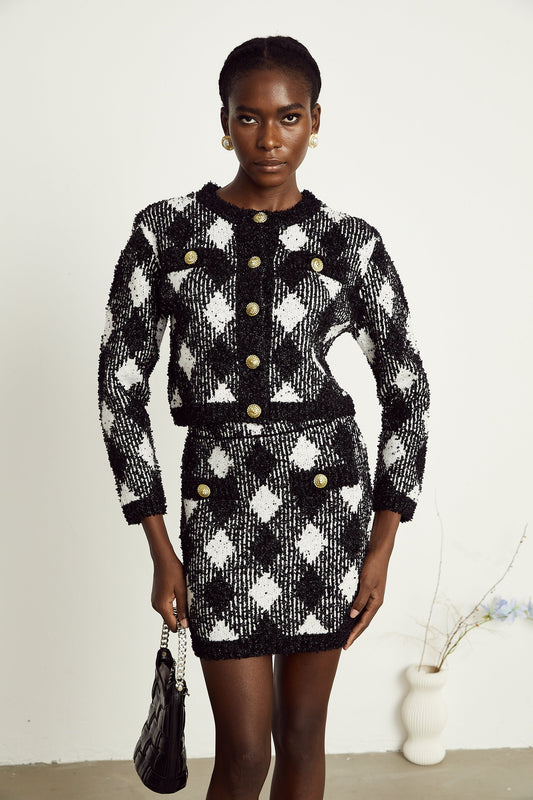 Cécile black argyle-check knit jacket & skirt matching set