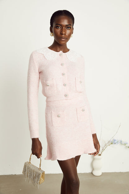 Anaïs pink ribbed-knit cardigan & skirt matching set