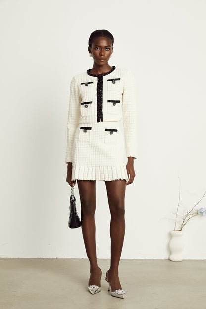 Audrey white waffle-knit jacket & skirt matching set