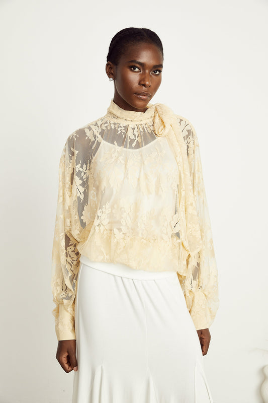 Anaïs pussy-bow embroidered tulle blouse