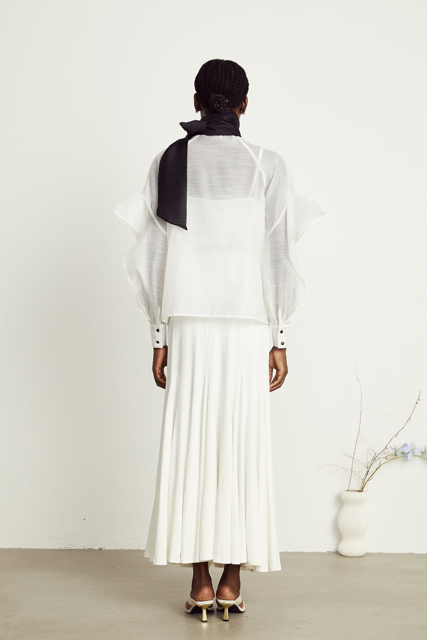 Margaux white semi-sheer ruffled bow-tie shirt