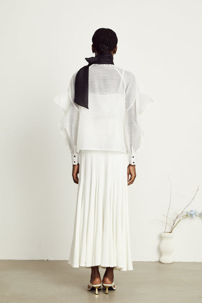 Margaux white semi-sheer ruffled bow-tie shirt