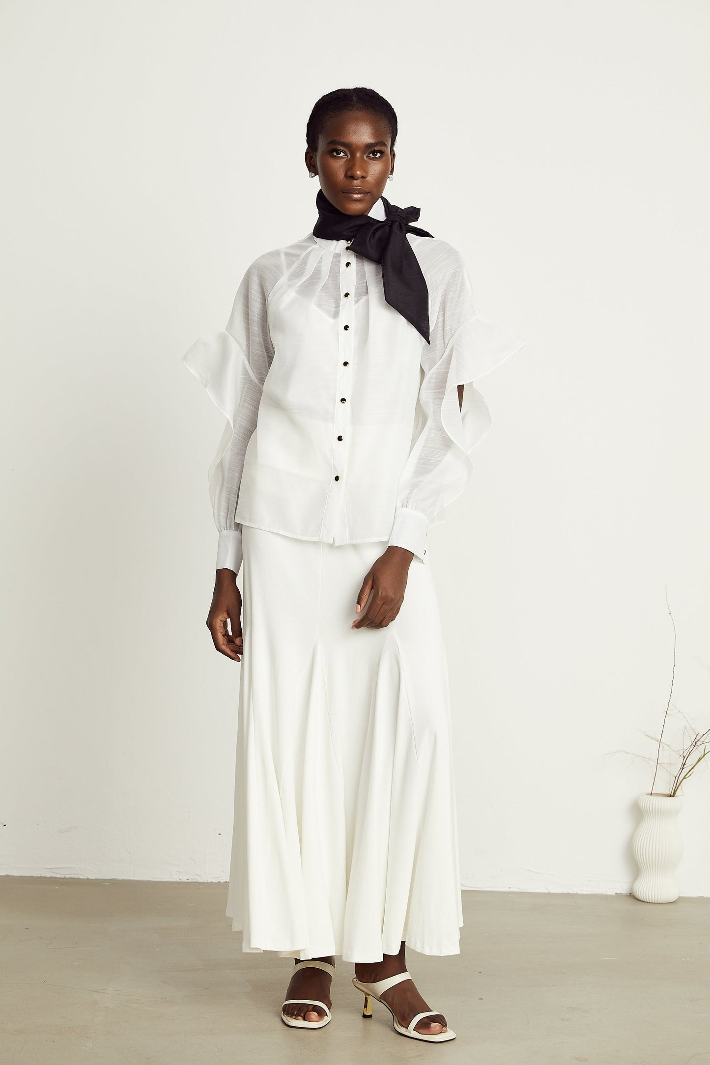 Margaux white semi-sheer ruffled bow-tie shirt