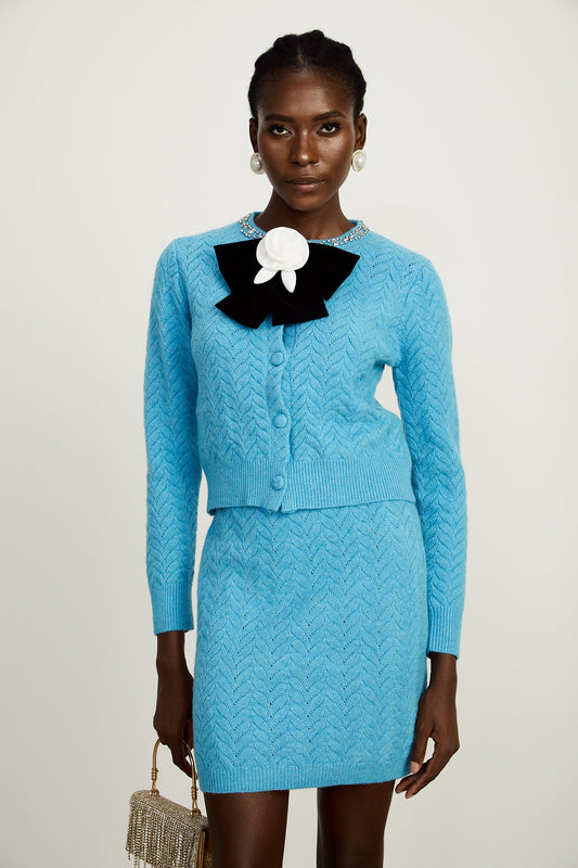 Aliénor blue knitted embellished cardigan & skirt matching set