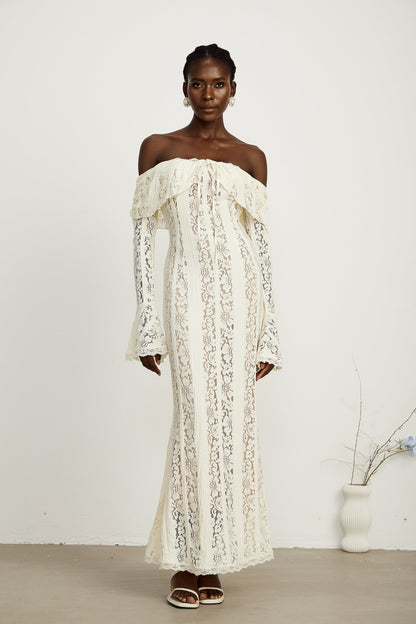 Émeline floral lace flared-cuff maxi dress in Neutrals