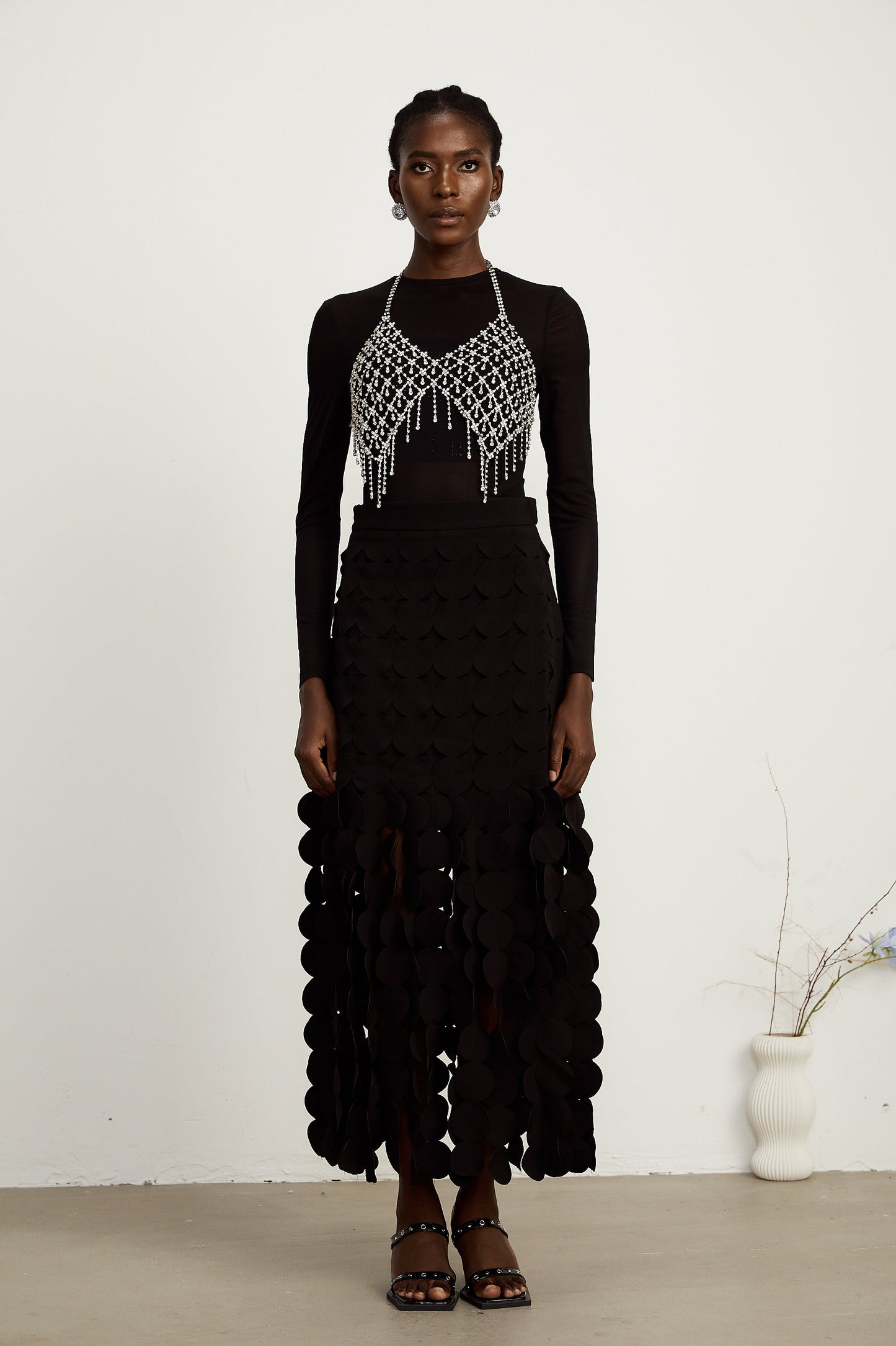 Hanna disc-design fringed maxi skirt in Black (US Only)