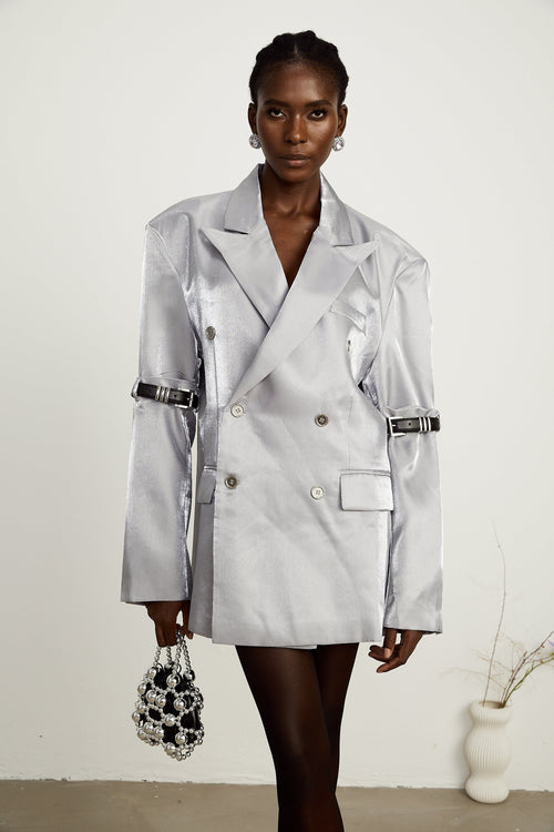 Gabrielle grey belted-arm metallic blazer (US Only)
