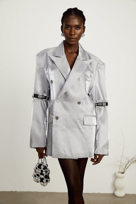 Gabrielle grey belted-arm metallic blazer (US Only)