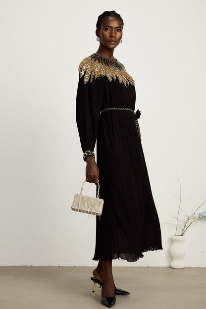 Hélène black sequin tulle-panel ribbed midi dress (US Only)