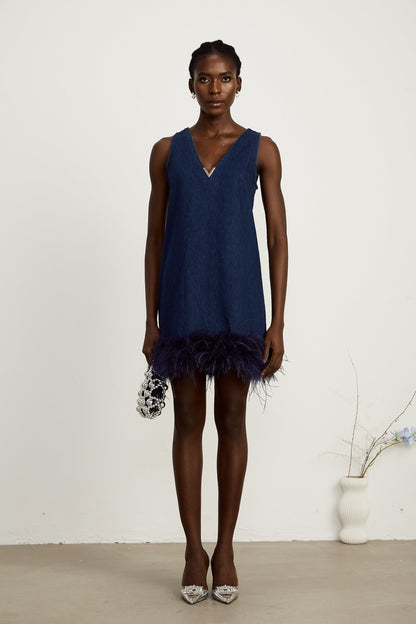Selene blue sleeveless feather-trim denim mini dress