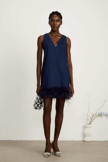 Selene blue sleeveless feather-trim denim mini dress