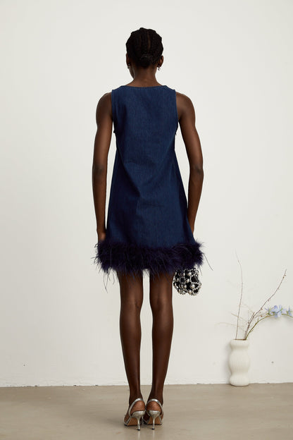 Selene blue sleeveless feather-trim denim mini dress