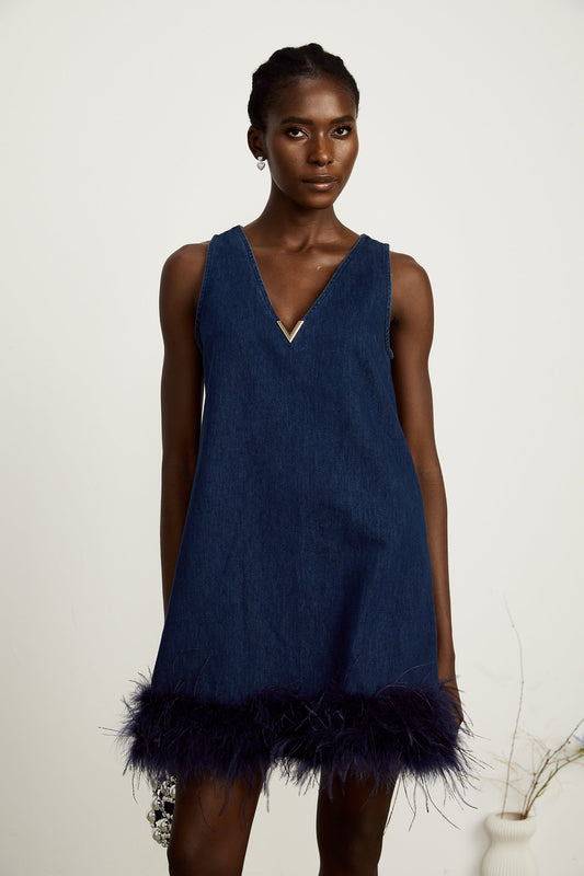 Selene blue sleeveless feather-trim denim mini dress