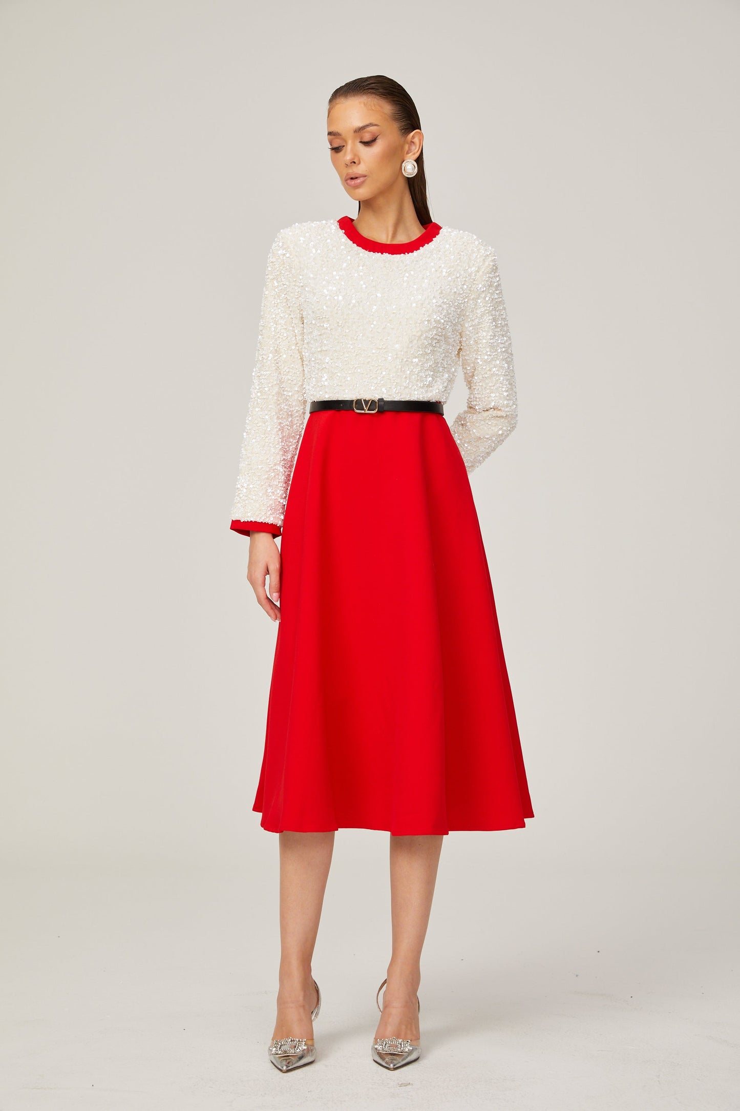 Chloé red long-sleeve sequined patchwork midi dress (US Only)