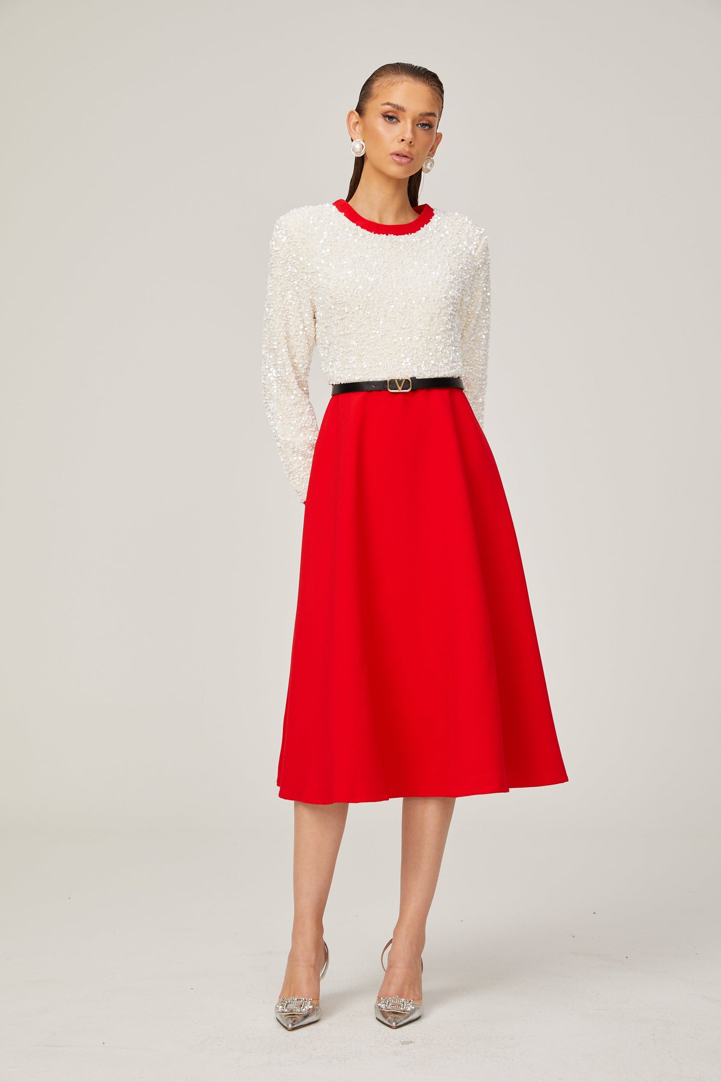 Chloé red long-sleeve sequined patchwork midi dress (US Only)