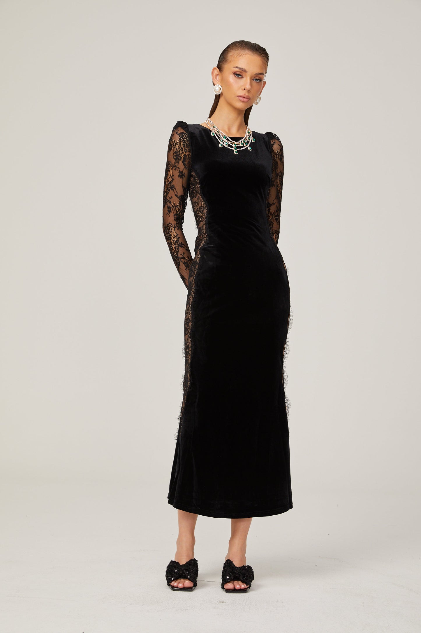 Hilaire black lace-panel open-back velvet midi dress (US Only)
