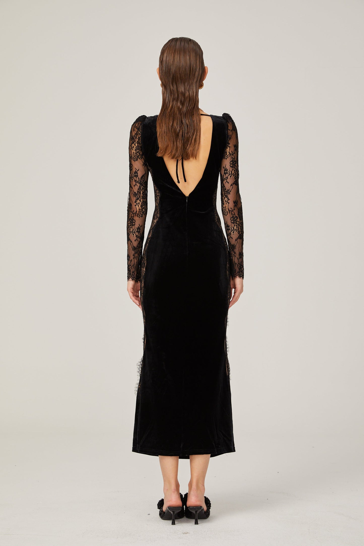 Hilaire black lace-panel open-back velvet midi dress (US Only)