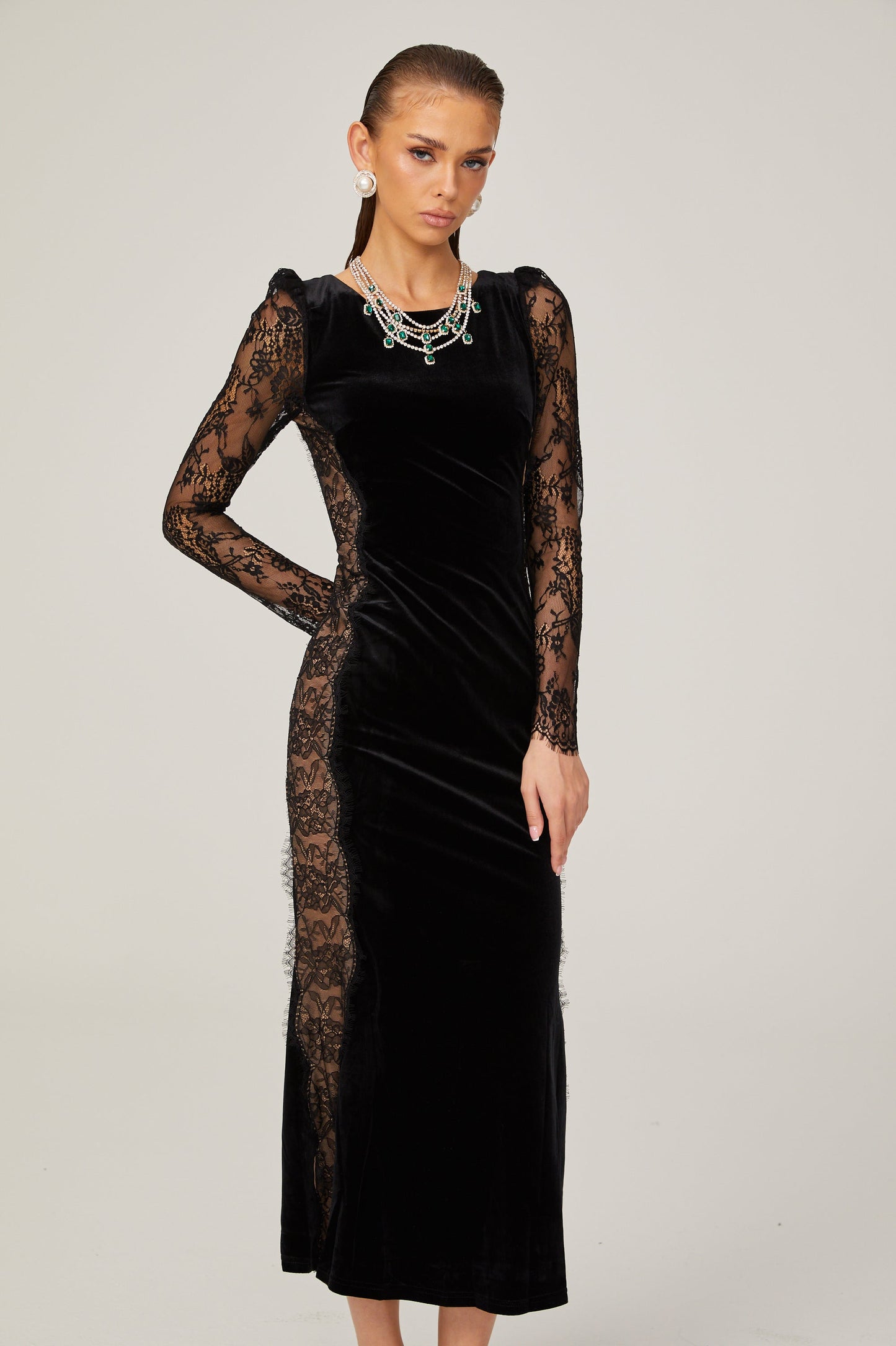 Hilaire black lace-panel open-back velvet midi dress (US Only)