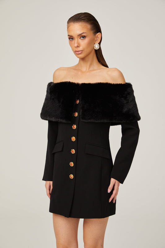 Céline black faux-fur off-shoulder mini dress (US Only)