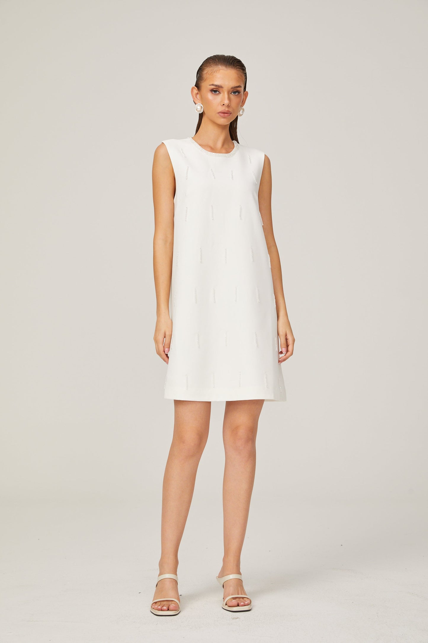 Elisabeth A-line sleeveless beaded tweed mini dress in White (US Only)