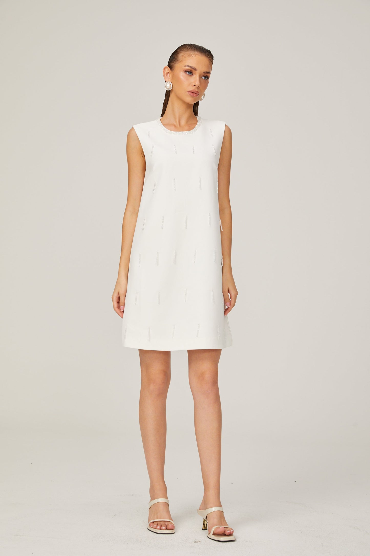 Elisabeth A-line sleeveless beaded tweed mini dress in White (US Only)