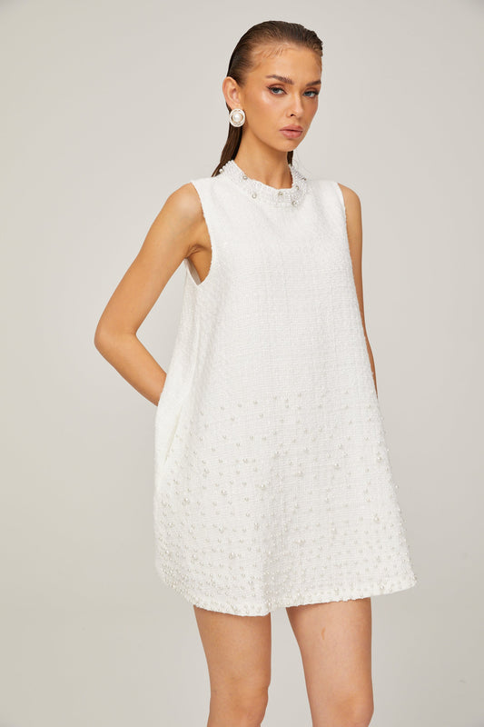 Elisabeth A-line sleeveless beaded tweed mini dress in White (US Only)