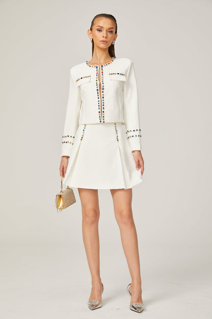Katia white crystal-embellished trim jacket & skirt matching set