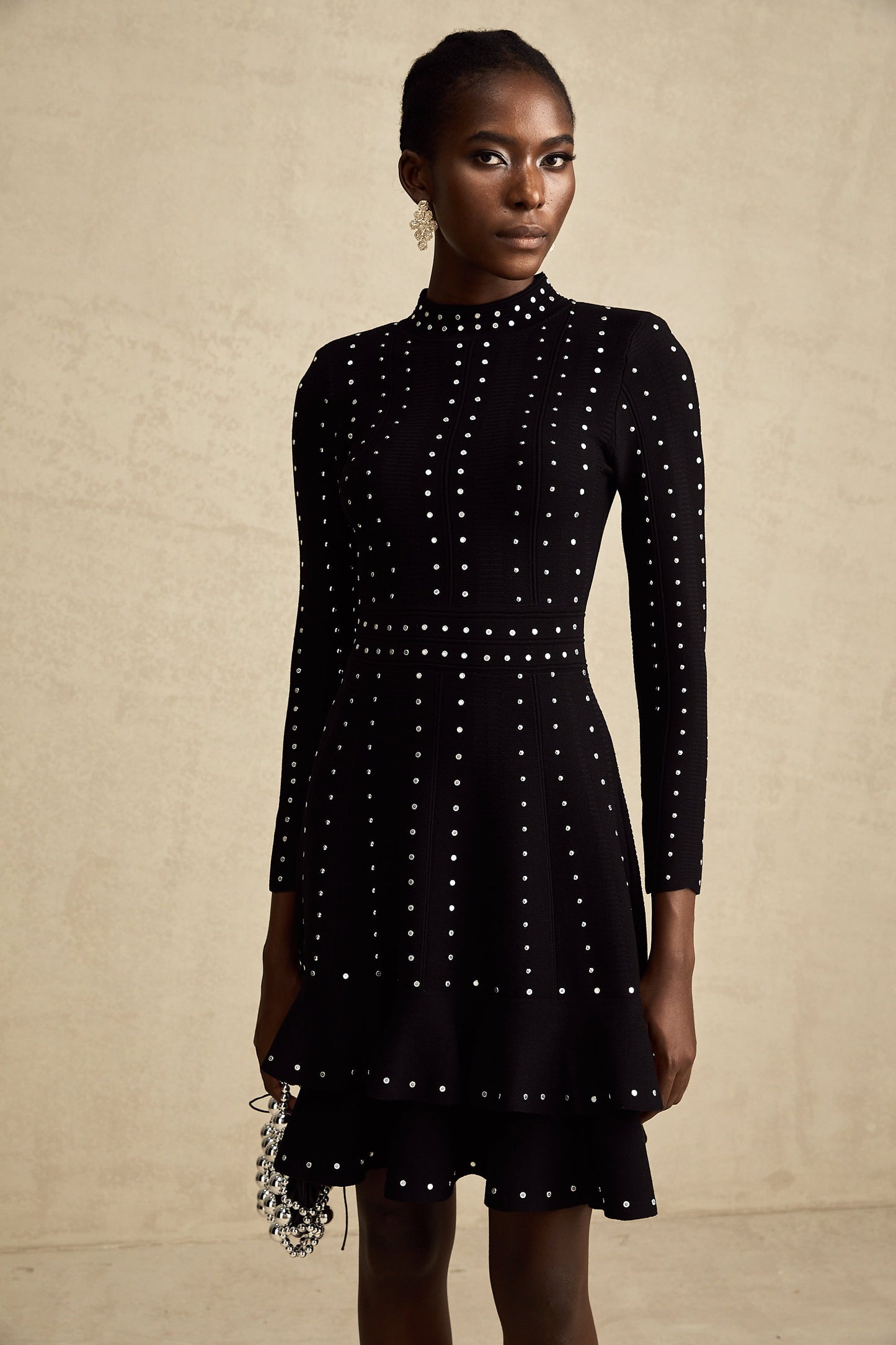 Fabienne black embellished ruffled knitted mini dress (US Only)