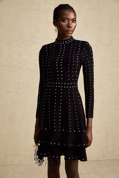 Fabienne black embellished ruffled knitted mini dress (US Only)