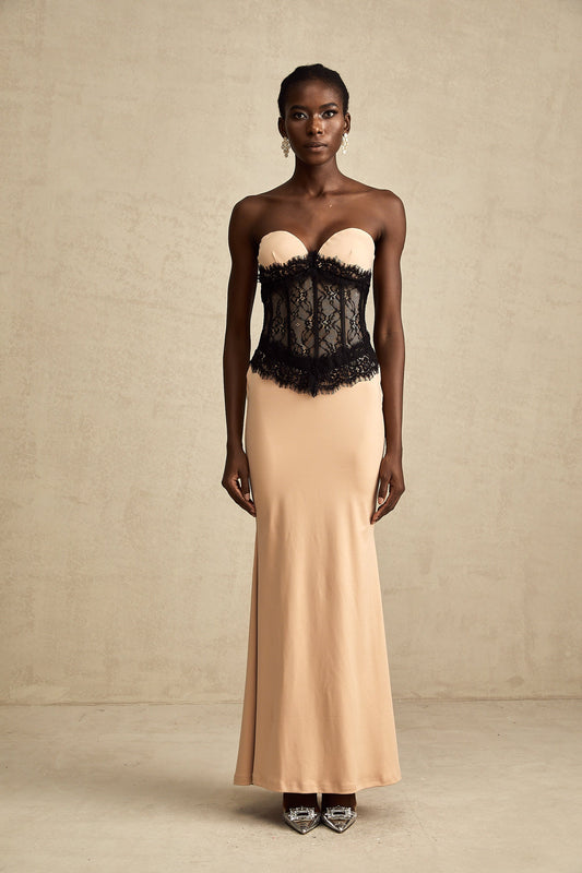 Delphine lace-panel off-shoulder corset maxi dress (US Only)