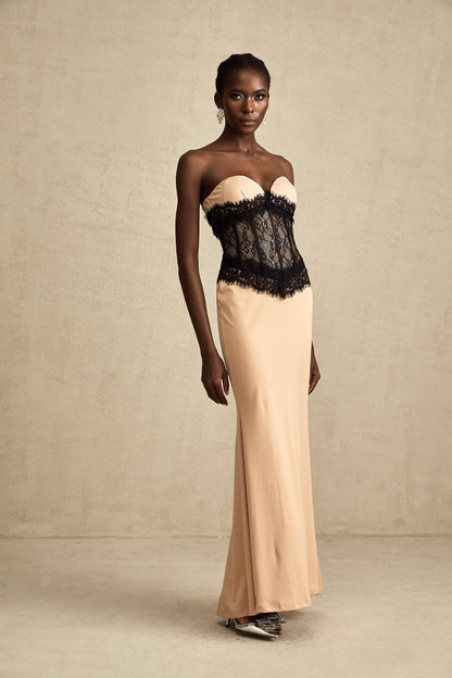 Delphine lace-panel off-shoulder corset maxi dress (US Only)